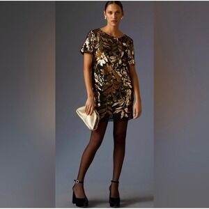 Maeve Anthropologie Short-Sleeve Sheer Embellished Mini Dress Gold Sequin Size S